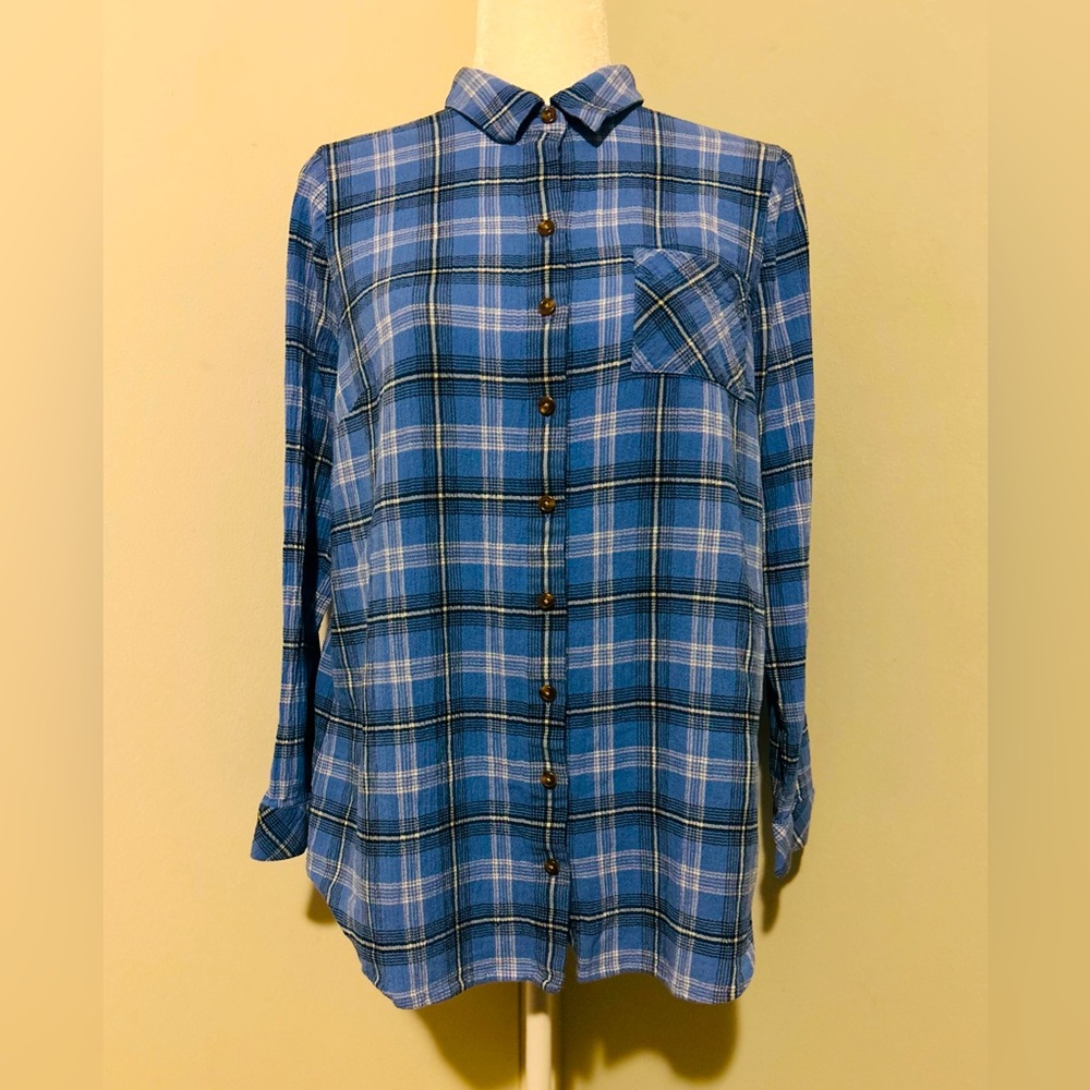 J.Jill Women’s Crinkle Plaid Lon Sleeve, Size Medium,Blue/White Color
